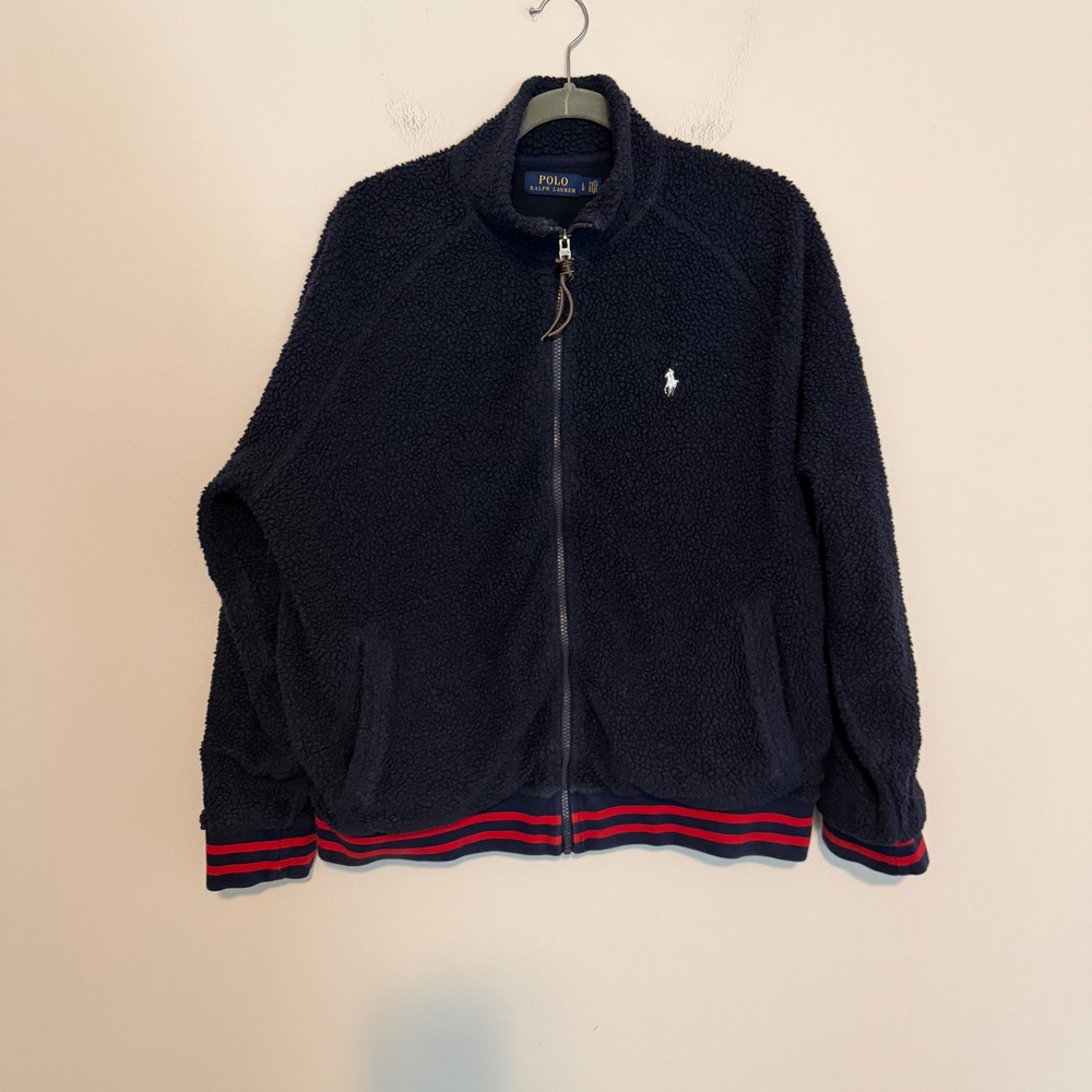 Polo Ralph‎ Lauren navy blue fuzzy fleece zip-up jacket L pony striped cuffs